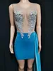 Été femmes maille strass Transparent Mini robe bleu velours formation Wrap hanches Bar soirée chanteur hôte scène Costume