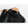Autumn Women's Black Sequined Stand Collar Personality Long Sleeve Off Shoulder Top Black shiny t-shirt 210507
