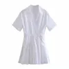 Элегантная белая высокая талия плиссированная подол мини мини-платье повседневная мода с длинным рукавом шикарные летние платья 210521