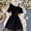 Elbiseler Seksi Moda Kısa Kollu Bir Omuz Siyah Bölünmüş Mesh Elbise Kadın Ruffles Patchwork Vestido Feminino Yaz Retro 210429