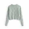 ZA câble tricot vert Cardigan femmes O cou à manches longues Vintage mince tricoté hauts femme mode Streetwear ajusté chandails 210602