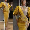 Ankle-length Arabic Evening Formal Dresses 2021 Sparkly Crystal Beaded Lace High Neck Long Sleeve Sexy Slit Occasion Prom Dress