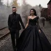 Black Gothic Wedding Dresses Ball Gown One Shoulder Long Sleeves Ruffles Lace Sweep Train Satin Custom Made Plus Size Country Vestido De Novia
