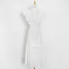 Vestido largo bordado blanco para mujer, cuello redondo, manga corta, cintura alta, encaje, volantes, vestidos elegantes para mujer 210520