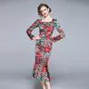 Runway Party Women Slim Square Collar Long Sleeve Stretch Sheath Summer Floral Print Ruched Draped Bodycon Mermaid Dresses 210514