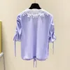 Dames Blouses Shirts Koreaanse kleding Korte mouw Losse Kant Blouse Zoete Shirt Chiffon Vrouwen Solid Color Dames Tops Blusas 9420
