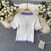 Short Sleeve Polo Shirt Women Fashion Summer Buttons Knit Cardigan Crop Top Color Match Slim Stretch Casual Women's T Tops 210603