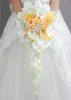 Düğün Çiçekleri 2021 Şelale Kırmızı Gelin Buketleri Yapay Inciler Kristal Buket de Mariage Gül