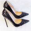 Casual Designer sexy lady fashion women shoes Black real matt LEATHER GOLD SPIKES RIVETS point toe stiletto stripper high heels cone heeled pumps size 33 44 12cm