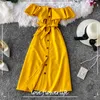 Femmes Plage A-ligne Robe Élégante Vintage Slim Bouton Volants Bandage Midi Summer Party Robe De Festa Sexy Hors Épaule 210521