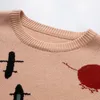 Spring and Autumn Cartoon Pattern Knitted Sweater Vintage Harajuku Loose O-Neck Sweater Cotton Pullover Men Clothing