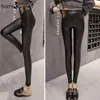 Pu faux läder leggings kvinnor mode vinter fleece matte nitar push up penna byxor kvinnlig slim lady leggins mujer q190508