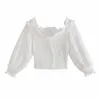 Sommer Frauen Strukturiertes Crop Shirt V-Ausschnitt Puffärmel Rüschenausschnitt Chic Lady Vintage Casual Frau Elastic Crop Tops 210709
