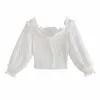 Summer Women Textured Crop Shirt V-Neck Puff Sleeves Ruffled halsringning Chic Lady Vintage Casual Woman Elastic Crop Tops 210709