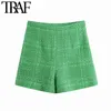 TRAF Dames Chique Mode met voering Tweed Shorts Vintage Hoge Taille Back Rits Vrouwelijke Korte Broek Mujer 210714
