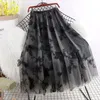 Spring Automne Broderie Broderie Tulle Femmes Jupes Longues Taille Haute taille Chic A-Line Parapluie maille jupe femme 210428