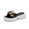 Slippers PXELENA Cool Girl Punk Women Metal Chain Genuine Leather Summer Modern Slides Chunky Platform Med Heels Shoes