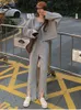 Women's Two Piece Pants Suit Female Chic Spring 2021 Long Sleeve Brimmed Hat Coat Casual Vest Split Straight