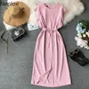 Korean Summer Irregular Slim Fit Girls Dresses Solid Lace Up Empire Vestidos Elegant Temperament Party cotton Dress 45598 210422