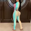 Jumpsuit Dames Regenboog Kleuren Print Stand Kraag Rits Lange Mouw Bodysuit Sexy Bodycon Potlood Broek Streetwear Romper Skinny 210515