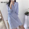 Chemises à rayures bleues robe courte femme élégante taille haute manches longues droite femme mini printemps été 210428