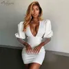 Высокое качество черный белый длинный блестящий рукав Backbload BodyCon Элегантное платье Коктейль вечеринка Vestidos 210525