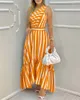 Summer Elegant One Shoulder Striped Colorblock SleevelAsymmetric High Waist Casual Maxi Dresses Fashion Sexy Skinny Robes X0529