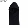 Zevity, suéter de punto con capucha y cordones a la moda para mujer, jerséis casuales de diseño elegante para mujer, Tops negros de calle alta para mujer S558 210603