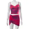 2 Piece Set Women Sexy Mesh See Through Tank Top Sleeveless V Neck Slim Lace Patchwork Clothing +Ruched Mini Skirt Summer 210517