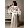 Women Lace Sleepwear Nightgown Satin Silk Robes Long Sleeve V-neck Bandage Female Sleep Dress