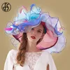 Fs roze organza kentucky Derby hoed voor vrouwen brede rand strand grote zon hoeden bloemen elegante dames bruiloft kerk feest fedoras 210323