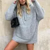 Streetwear Dames Grijze Losse Knit Hoodies Mode Dames Zakgebreide Tops Causale Vrouwelijke Chic Oversize Pullovers 210430