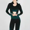 Womens tracksuits 요가 3 피스 슈트 높은 허리 실행 반바지 색상 일치 강력한 스트레치 나일론 긴 바지 브래지어 세트 레이디 피트니스 원활한 힙합 리프팅 레깅스