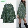 Vintage Floral Print Short Dress Women Fashion Metallic Thread Smock Design Woman Long Puff Sleeve Pleated Vestido 210430