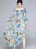 Autumn Women Strapless Long Lantern Sleeve Backless Sexy Split Party Dress Runway Blue and White Porcelain Flower Maxi 210529