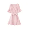 Dabuwawa zomer roze plaid mini jurk vrouwen dames zoete boog flare mouw asymmetrische jurk v-hals school korte jurk do1bdr057 210520