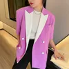 [EAM]女性紫色のコントラストカラービッグサイズブレザーニューラペルハーフスリーブルーズフィットジャケットファッションスプリングサマー2021 1DE01221 x 0721
