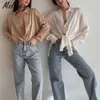 Msfancy Letnie Satynowe Koszulka z długim rękawem Damska Bandaż Design Luźna Bluzka Mujer Side Split Vintage Topy 210604