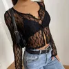 Women's T-Shirt Black White Lace Mesh Sheer See Through Long Sleeve Button Crop Top Sexy Women Streetwear Summer Y2K Aesthetic Tee