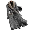 Winter Plaid Wool Blends S-5XLWomen Coat OfficeThicker Warm Fur Collar Outwear Female Double Breasted Plus Size Gray Long Jacket 211110