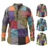 Men's T-Shirts Men Shirt Patchwork Lace Up Vintage Colorful Long Sleeve Autumn Top For Daily Wear