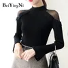 Maglione mezzo dolcevita Donna Plain Casual Mesh Patckwork Chic Top lavorato a maglia Manica lunga Pullover basic Maglione Femme 210506