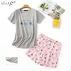 Zomer vrouwen comfortabele schattige pyjama set meisje print pyjama korte mouw nachtkleding pak Nightshirt S 210809