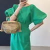 Women's Summer Sundress Green Vintage Dress Elegant Femme Robe Solid Color Puff Sleeve Waist Bandage 210514