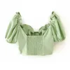Sommer schlanke Vintage-Chic grün quadratischer Kragen Rüschen kurze Puffärmel lässig abgeschnittene Tops Blusen Frau 210514