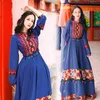 YOSIMI Maxi Langes Damenkleid Herbst Vintage Ethnischer Stil Retro Druck Stickerei Ärmel Knöchellang Blau es 210604