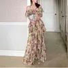 Français élégant Vintage robe femmes Floral parole longueur robe de plage Sexy fête de mariage longue robe femme Corée Style été 210325