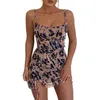 Hirigin Sexy Ink Floral Print Women Bodycon Dress Sleeveless Strap Skinny Mini Sundress With Slit Hem Fashion Lady Casual Dresses