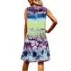 Mujeres Tie Dye Flower Print Vestidos Casual Sin mangas Con cuello en v Loose Big Swing Vestido vintage Mujer Summer Beach Sundress 210526