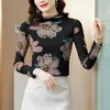 Camicette da donna coreane Fiore per donna Camicetta in maglia con stampa a maniche lunghe Camicie elasticizzate a maniche lunghe Taglie forti 3XL 210531